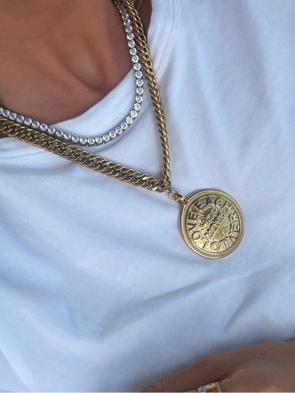 Gold Coin Pendant Necklace Love Each Other More Coin- Chain